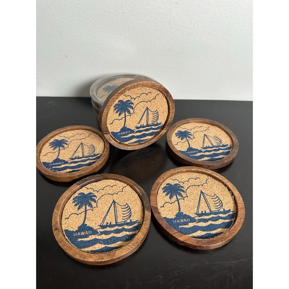 Vintage Souvenir Cork & Wood Coasters Hawaii Lot of 10 Round Beach Sailboat